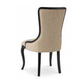 Sedia neoclassica in legno massello laccato scuro con seduta e schienale imbottiti in tessuto beige, prodotta artigianalmente in Italia.