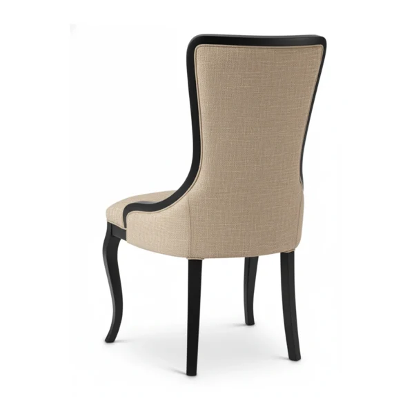 Sedia neoclassica in legno massello laccato scuro con seduta e schienale imbottiti in tessuto beige, prodotta artigianalmente in Italia.