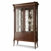 Classic solid walnut display cabinet with glass doors and crystal shelves, perfect for luxury living and dining interiors.