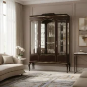 Luxury solid wood display cabinet with gold leaf details and glass doors for elegant living and dining interiors.