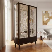 Vetrina di lusso in legno scuro con profili dorati e ripiani in vetro, ideale per soggiorno o sala da pranzo.