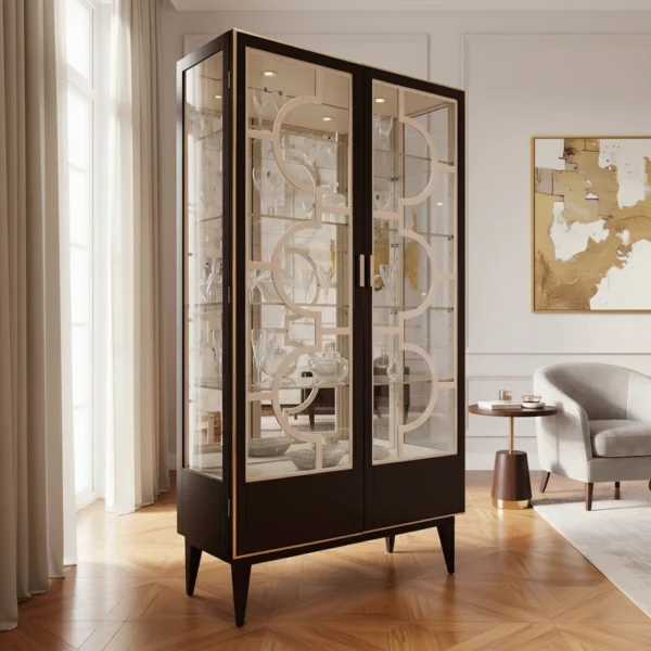 Luxury dark wood display cabinet with gold accents and glass shelves, perfect for living or dining rooms.
