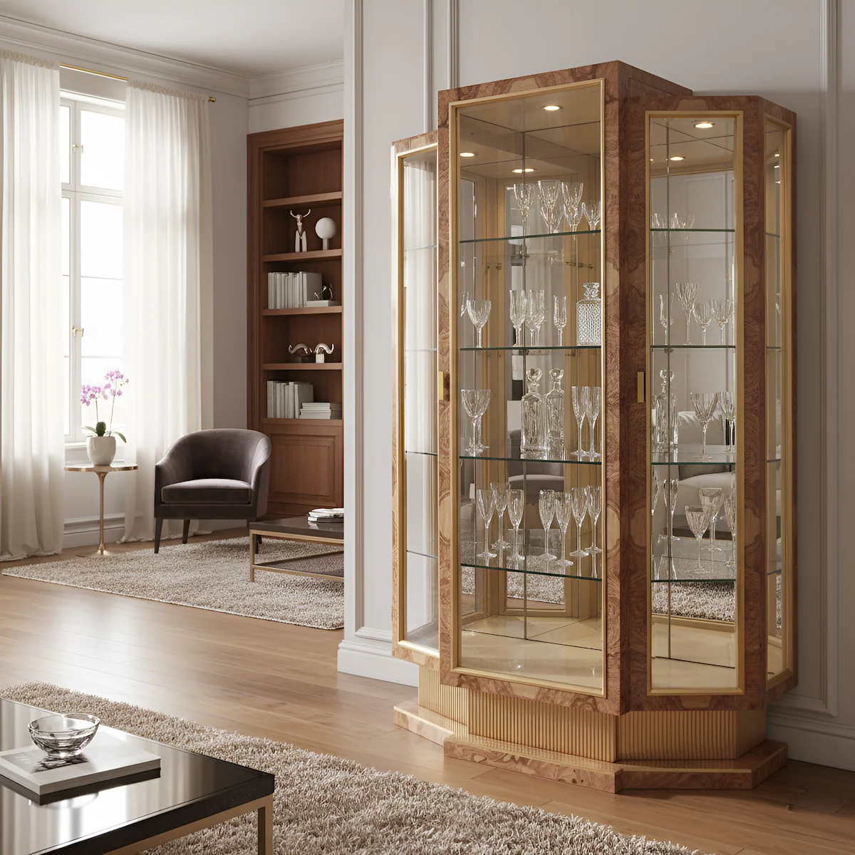 Luxuriöse Vitrine aus Holz mit goldenen Akzenten und Glasböden, ideal für Wohnzimmer oder Esszimmer.