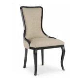 Sedia neoclassica in legno massello laccato scuro con seduta e schienale imbottiti in tessuto beige, prodotta artigianalmente in Italia.