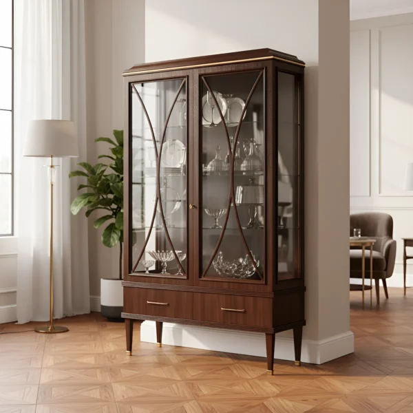 Vetrina di lusso in legno massello di noce con ante in vetro e ripiani in cristallo, ideale per soggiorno e sala da pranzo