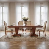 Empire style wooden dining table with matching chairs, handcrafted by Marzorati.