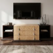 Luxury TV stand in dark wood with inlaid drawer fronts and side storage compartments, Italian handcrafted design.