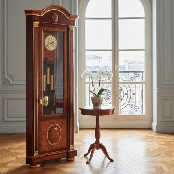 Empire-style corner cabinet with pendulum clock, crafted in fine wood with elegant decorative details.