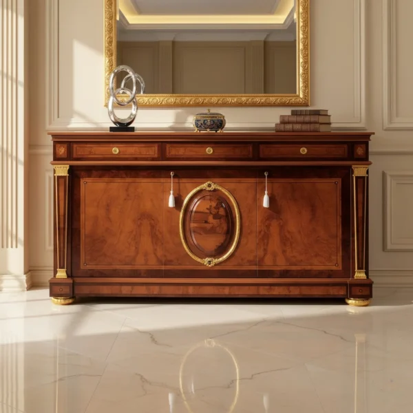 Буфет в стиле Ампир с тремя дверцами, инкрустированным деревом и колоннами, украшенный отделкой сусальным золотом.