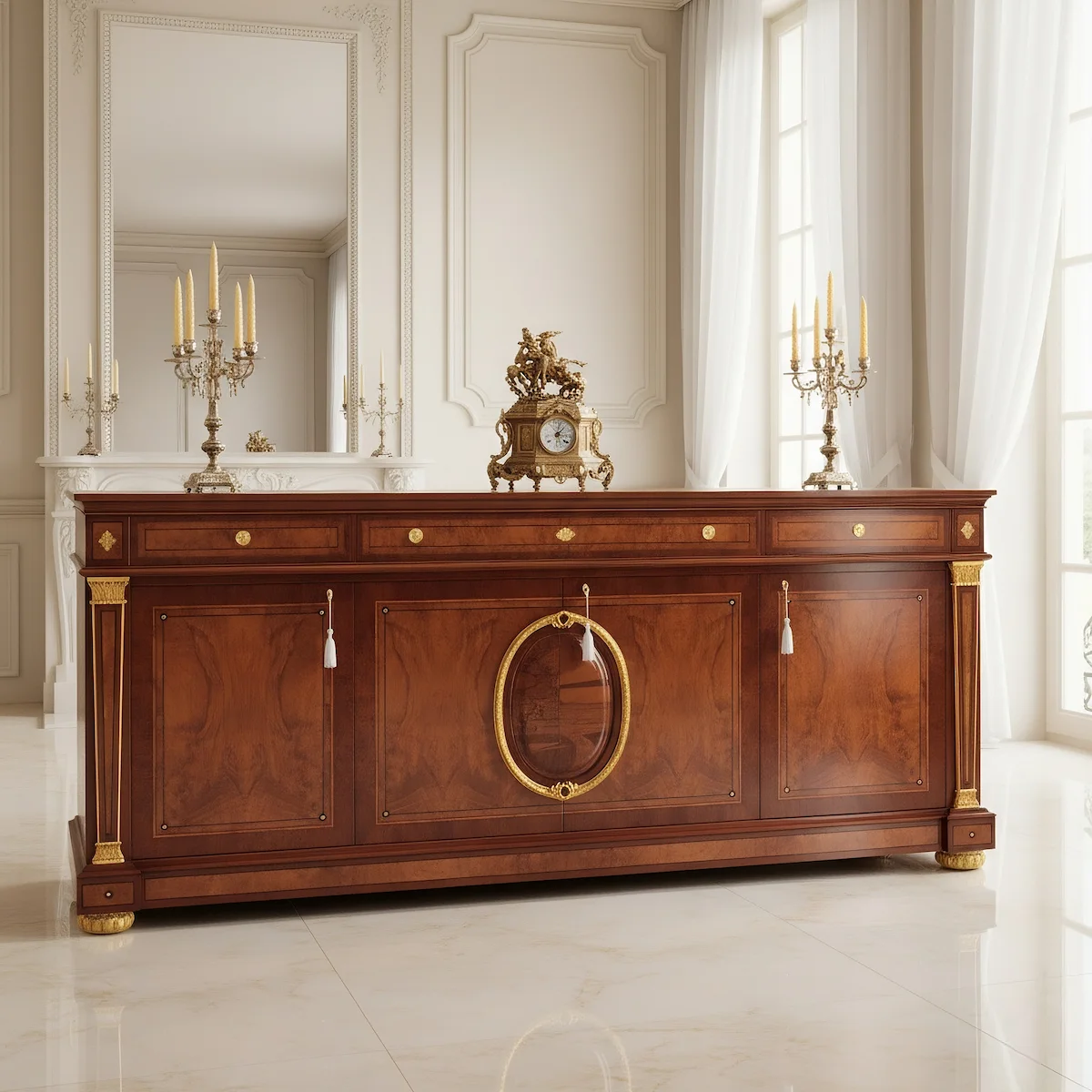 Empire style 4-door sideboard in wood with gold leaf finishes Large Empire-style 4-door sideboard, handcrafted in inlaid wood with columns and gold leaf details for a refined luxury atmosphere.