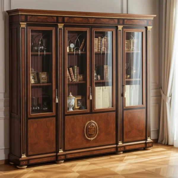 Luxury Empire style vitrine bookcase in mahogany and burl wood, featuring gilded columns and accents, set in a classic living room with parquet flooring and drapes.