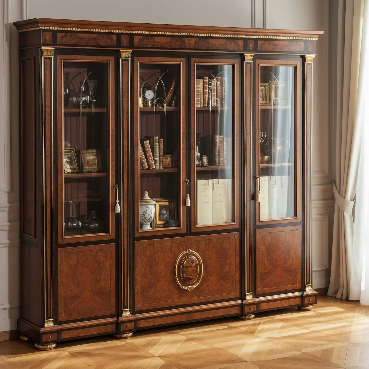 Empire-Stil Vitrine aus Mahagoni mit vergoldeten Details Luxuriöse Vitrine im Empire-Stil aus Mahagoni und Wurzelholz, mit vergoldeten Säulen und Akzenten, in einem klassischen Wohnzimmer mit Parkettboden und Vorhängen.