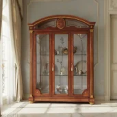 Vetrina in stile Impero in legno massello con ante in vetro, intarsi e dettagli in foglia oro, produzione artigianale italiana.