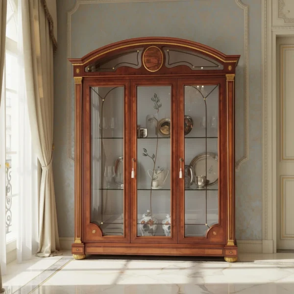 Деревянная витрина в стиле Ампир с стеклянными дверцами, инкрустациями и отделкой под золочёную фольгу, итальянское ручное производство.