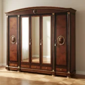 Empire-style wardrobe with mirrored doors, handcrafted in fine wood with elegant classical finishes.