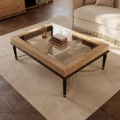 Luxury coffee table with glass top, handcrafted wood inlays and brushed brass details, Italian-made.