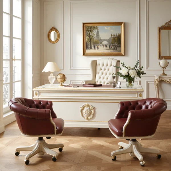 Luxury Napoleonic-style desk with red leather top, gold decorative details and matching tufted leather chair, handcrafted by Marzorati.