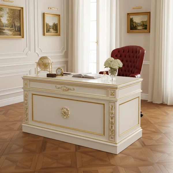 Scrivania da notaio in legno massello con finitura avorio e dettagli dorati, realizzata artigianalmente in stile classico di lusso.