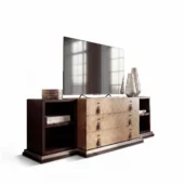Luxury TV stand in dark wood with inlaid drawer fronts and side storage compartments, Italian handcrafted design.
