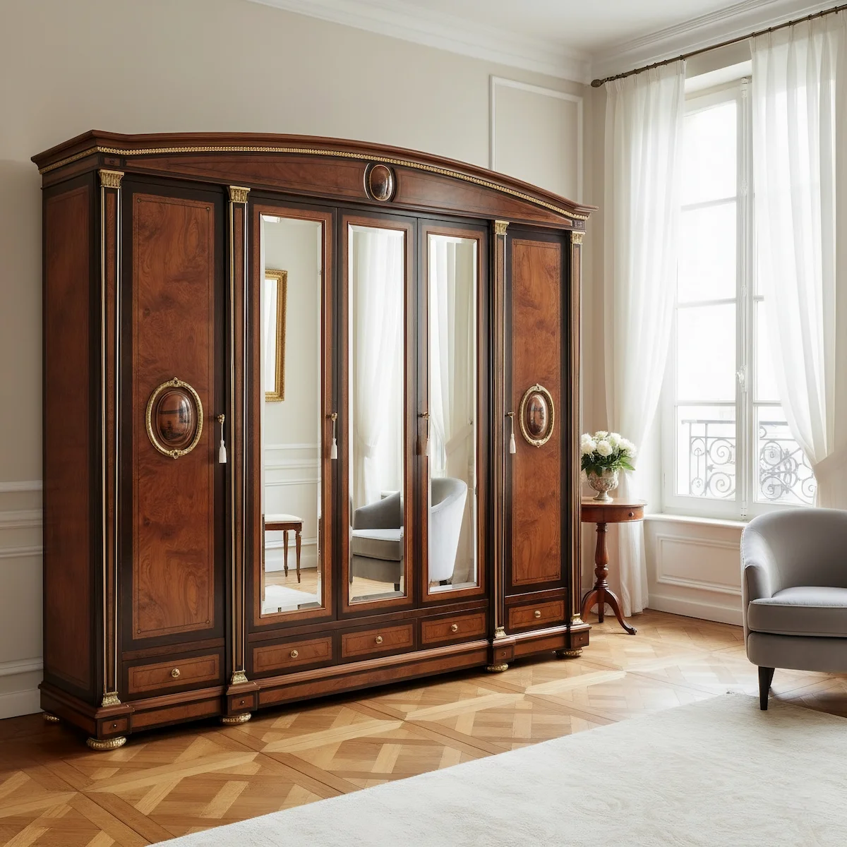 Handcrafted Empire-style wardrobe Empire-style wardrobe with mirrored doors, handcrafted in fine wood with elegant classical finishes.