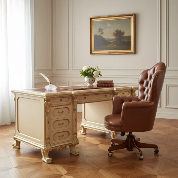 Luxury Napoleonic-style desk with red leather top, gold decorative details and matching tufted leather chair, handcrafted by Marzorati.