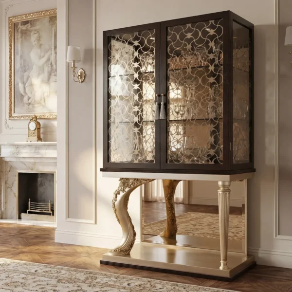 Luxury eclectic bar cabinet display with decorative glass doors, internal lighting and sculptural two-tone base for the living room.