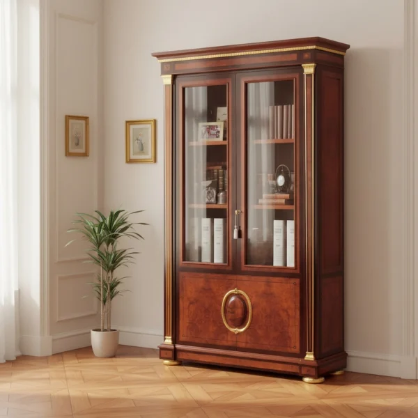 Luxury Empire style vitrine bookcase with burl wood base, featuring gilded columns and accents, in a classic living room with parquet flooring.