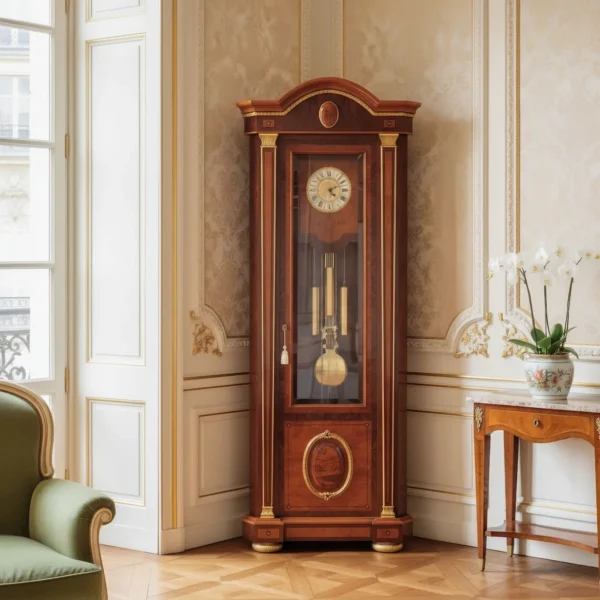 Empire-style corner cabinet with pendulum clock, crafted in fine wood with elegant decorative details.
