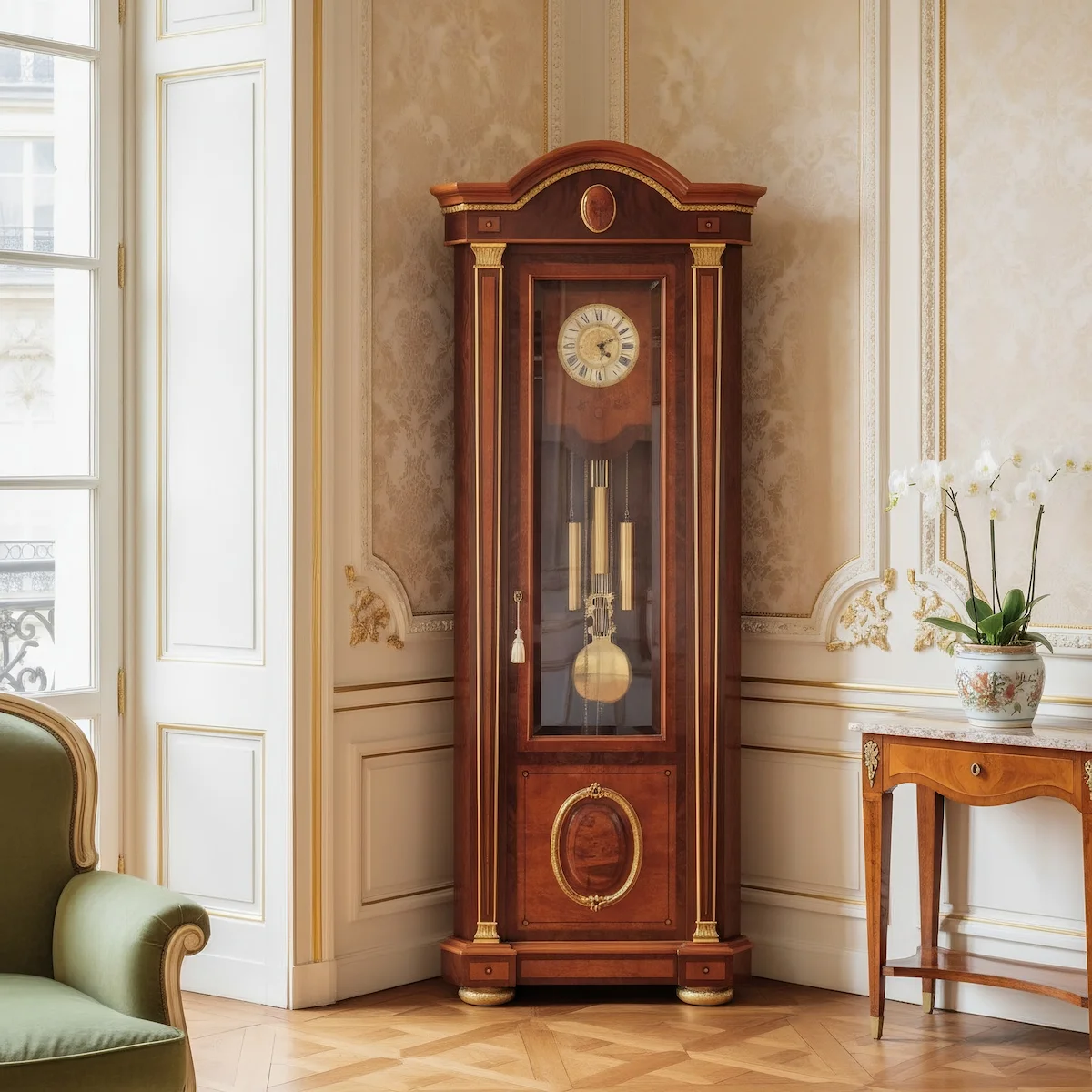 Empire-style corner cabinet with pendulum clock Empire-style corner cabinet with pendulum clock, crafted in fine wood with elegant decorative details.