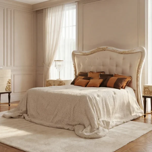 Luxury double bed with tall carved wood headboard, ivory tufted Italian upholstery and bronze decorative cushions in an elegant bedroom.