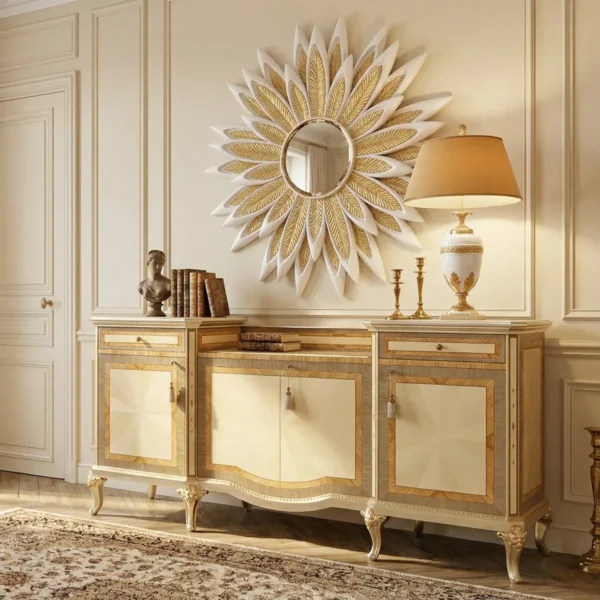 Luxury neoclassical style sideboard in maple wood with fine geometric inlays and carved silver leaf legs for classic interior design.