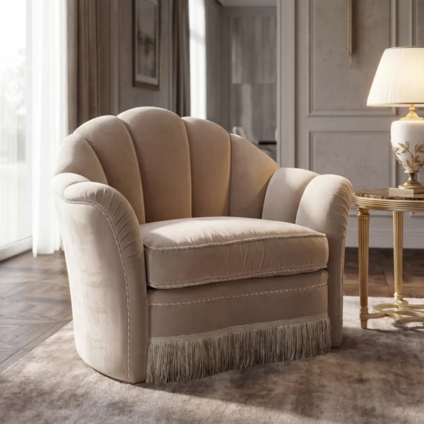 Luxury living room armchair with enveloping shell backrest, fringe skirt and soft neutral upholstery in fine Italian fabrics.