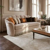 Luxury living room sofa with curved back, fringe detail and decorative cushions, upholstered in soft neutral Italian fabrics.