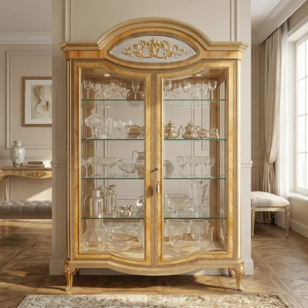 Tall two-door neoclassical style display cabinet made of fine maple wood with inlays, carved cymatium and silver leaf finishes, glass shelves.
