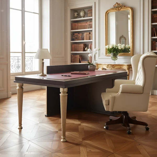 Luxury neoclassical solid wood desk with red leather top and gold-finished fluted legs, handcrafted by Marzorati.
