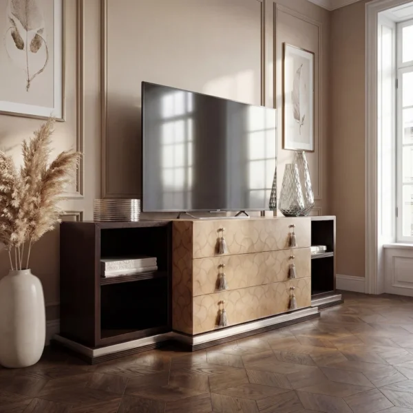 Luxury TV stand in dark wood with inlaid drawer fronts and side storage compartments, Italian handcrafted design.