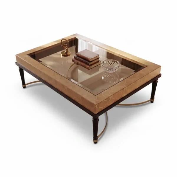 Luxury coffee table with glass top, handcrafted wood inlays and brushed brass details, Italian-made.