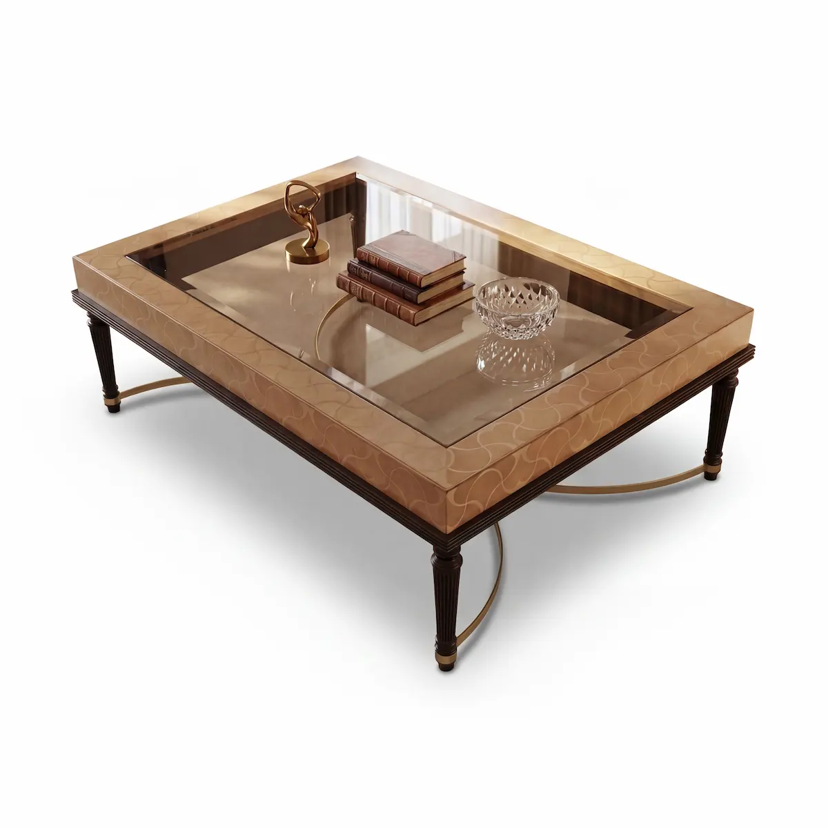 Luxury Coffee Table with Inlays and Brushed Brass Details Luxury coffee table with glass top, handcrafted wood inlays and brushed brass details, Italian-made.
