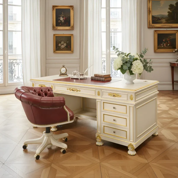 Luxury Napoleonic-style desk with red leather top, gold decorative details and matching tufted leather chair, handcrafted by Marzorati.
