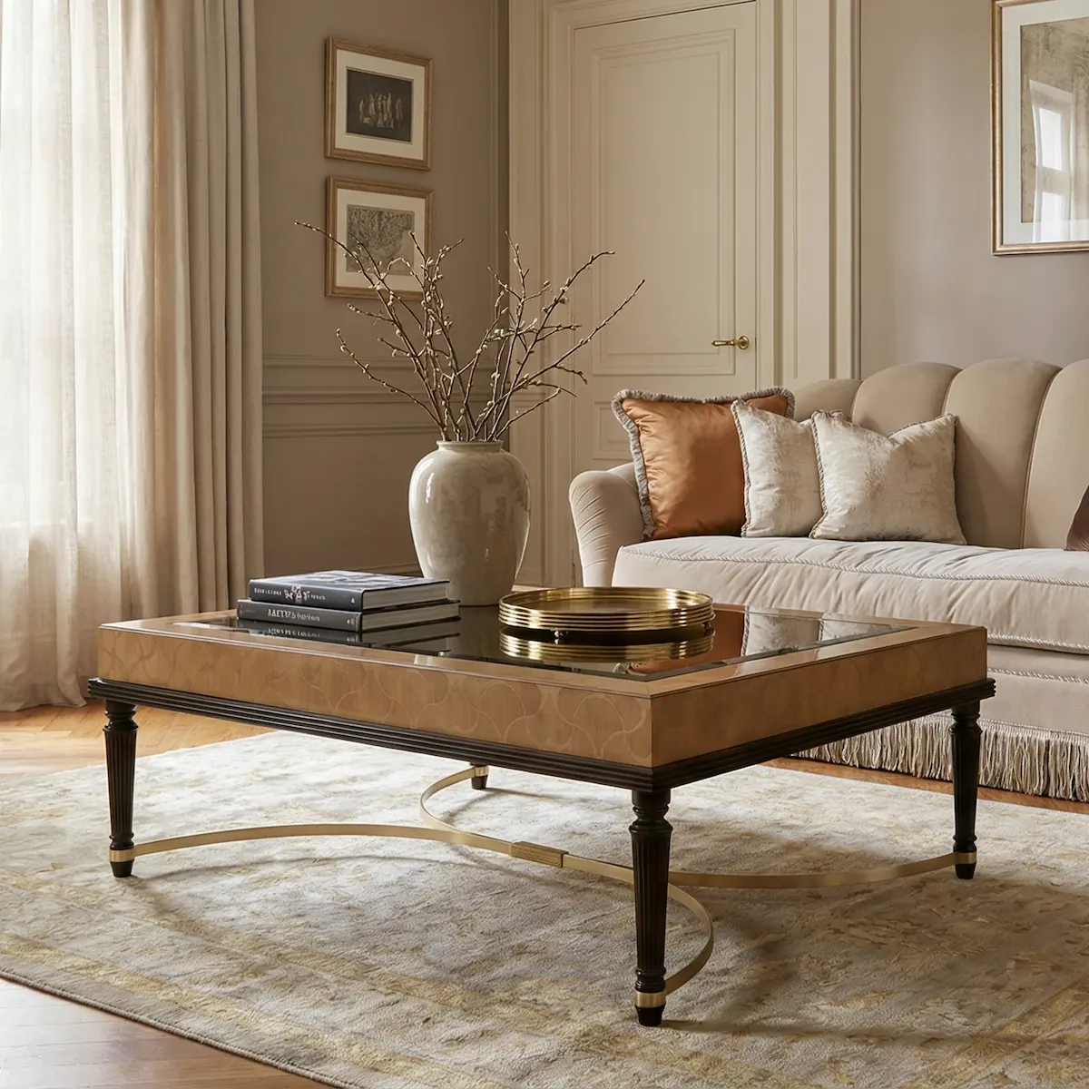 Luxury Coffee Table with Inlays and Brushed Brass Details Luxury coffee table with glass top, handcrafted wood inlays and brushed brass details, Italian-made.