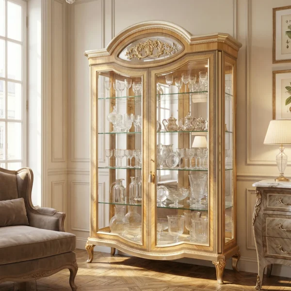 Tall two-door neoclassical style display cabinet made of fine maple wood with inlays, carved cymatium and silver leaf finishes, glass shelves.