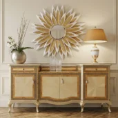 Luxury neoclassical style sideboard in maple wood with fine geometric inlays and carved silver leaf legs for classic interior design.