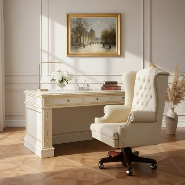 Scrivania da notaio in legno massello con finitura avorio e dettagli dorati, realizzata artigianalmente in stile classico di lusso.