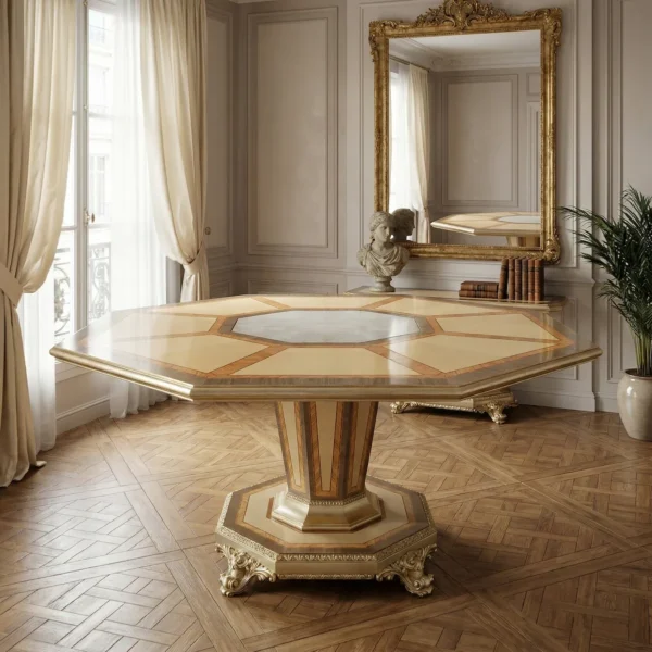 Luxury neoclassical style octagonal table featuring maple veneer top with geometric patterns and a central column base finished in silver leaf.