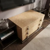 Luxury TV stand in dark wood with inlaid drawer fronts and side storage compartments, Italian handcrafted design.