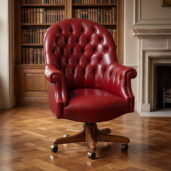 Роскошное директорское кресло из красной кожи с капитоне и деревянным вращающимся основанием, ручная работа Италия