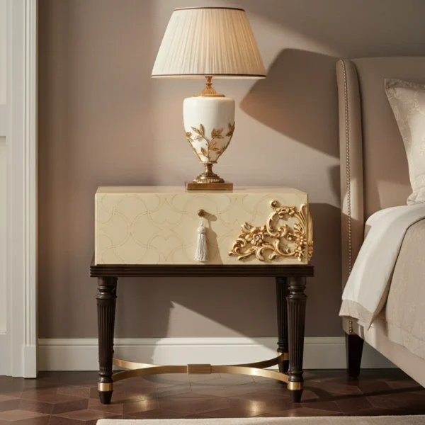 Comodino di lusso italiano in legno intarsiato, con frontale decorato, gambe tornite scure e dettagli in ottone dorato per camera da letto classica.