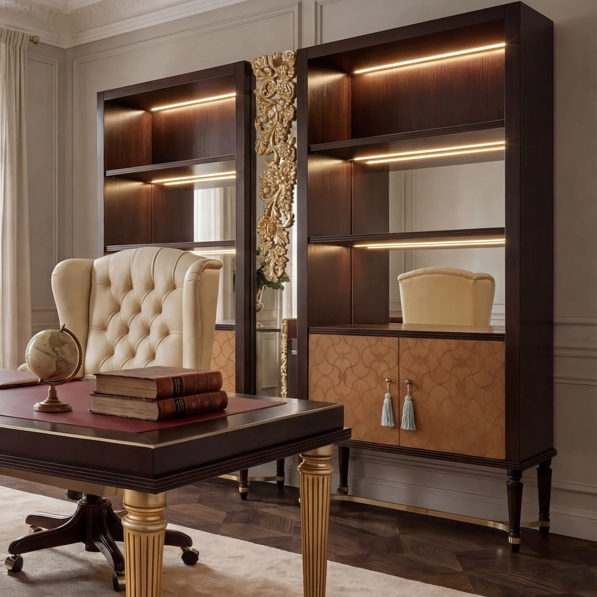 Элитный книжный шкаф с зеркальной стенкой, LED подсветкой и золотом Роскошный библиотечный шкаф из темного дерева с зеркальными задними панелями, светодиодной подсветкой полок и резным золотым декором