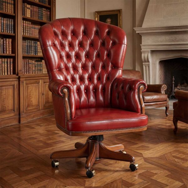Роскошное офисное кресло руководителя из кожи – Итальянская ручная работа Роскошное офисное кресло руководителя из кожи с капитоне, изготовленное вручную в Италии, с высокой спинкой, вращающимся деревянным основанием и колесами, для представительских кабинетов.
