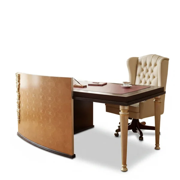 High-end executive office desk featuring a curved geometric modesty panel, gold fluted legs, and a beige tufted leather swivel chair